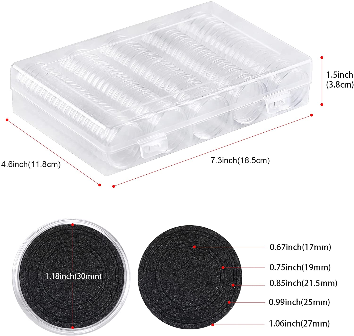 Wlnner 100Pcs 30mm Coin Capsules with Plastic Storage Organizer Box and Protect Gasket Coin Holder Case for Coin Collection Supplies 5Size：17/20/25/27/30 mm 