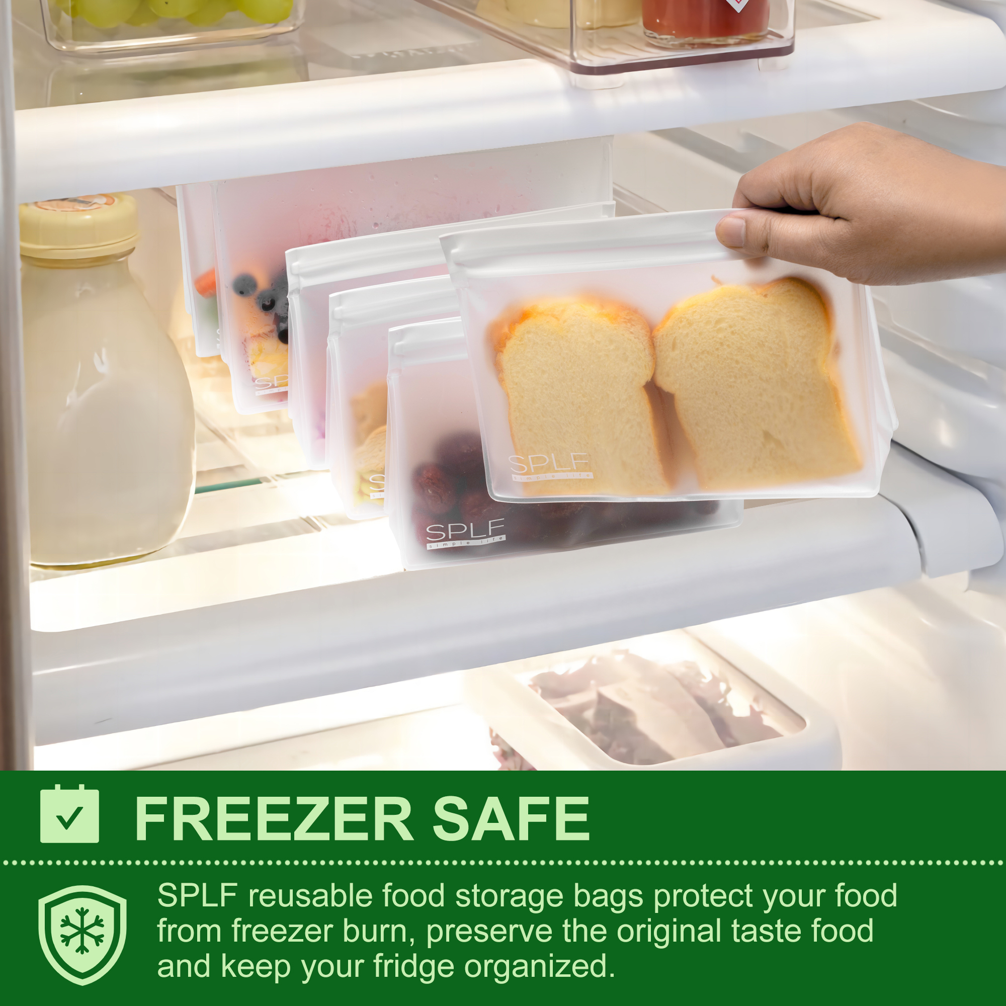 SPLF Dishwasher Safe Reusable Storage Bags, Stand Up Freezer Bags